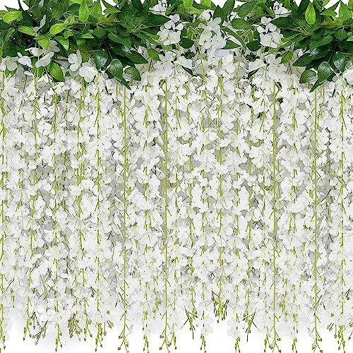 2 Pack 20 Branches Wisteria Hanging Flowers 6 Feet Artificial White Wisteria Vine Silk Flowers Garland for Wedding Arch Party Garden Home Decor (White)