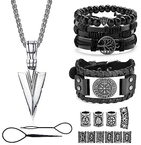Adramata Wikinger Halskette für Herren Armband Set Thors Hammer Halskette Kette Wikinger Armbänder Wikinger Bartperlen Haarperlen Lederarmband Herren Perlenarmband Wikinger Geschenke Wikinger Schmuck