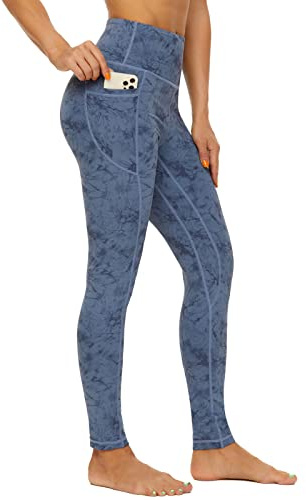 AMYTIS High Waisted Gym Leggings for Women UK,Stretch Soft Yoga Pants for Women, Tummy Control Workout Sports Exercise Running Leggings with Pockets Grey Blue