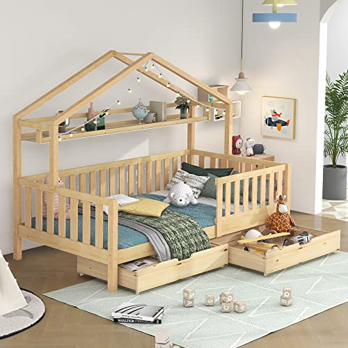 Merax Lit pour Enfant, Couleur Bois, avec tiroirs, en Bois Massif, avec sommier à Lattes, lit Maison en pin pour Chambre d'enfant et d'adolescent, 90 x 200 cm
