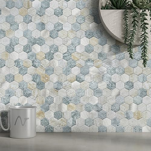 MOFIT Hexagon Peel and Stick Backsplash Tiles Kitchen,Self-Adhesive Metal and Marble Honeycomb Peel and Stick Wall Tiles Sticker Mosaic Heat Resistant(Blue Green Gray,10sheets)