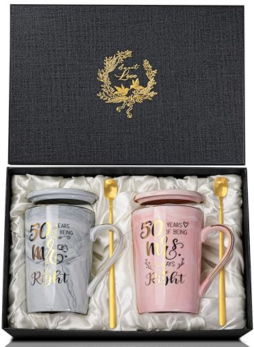 ALBISS Set di tazze da caffè per il 50° anniversario di matrimonio, 400 ml, regalo per coppie, genitori, nonni, nonni, nonni, nonni, tazze decorative per il 50° anniversario, in rosa e grigio, in