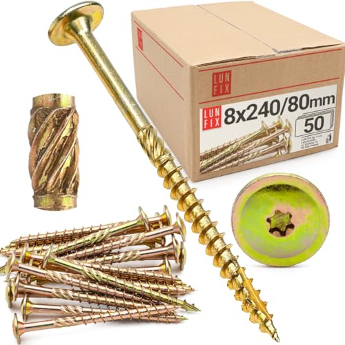 Lun Fix Vis à bois TX40 8.0x240 mm 50 pièces, fixation terrasse, charpente, toiture, tête large torx, acier zingué, filetage partiel, panneaux agglomérés, cloison