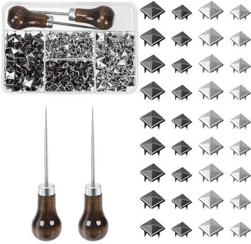 Mardatt 400Pcs Four-Jaw Square Rivets Set, 8mm 10 mm Square Pyramid Studs, Metal Punk Spikes Spots Studs Nail-Heads Accessories with Straight Tipped Scratch Awl for Clothing Bag Leather Shoes