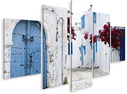 islandburner Tableau sur toile Portes bleues Fenêtre Mur blanc Bâtiment Sidi BOU Said Tunisie Images murales Poster
