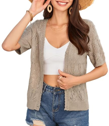 GRACE KARIN Women's Cardigan Short Sleeve V-Neck Button-Up Summer Sweater Hollow Out Crochet Knitwear Deep Flower Apricot XXL
