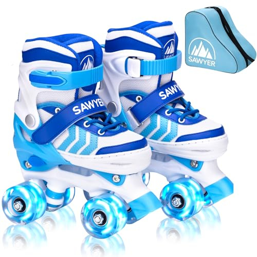 Sawyer Bikes - Patines Ajustables 4 Ruedas LED - Tallas 23 a 38 (Azul, L (35-38))