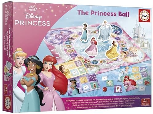 Educa - Disney Prinzessinnen Brettspiel | Spielset mit 1 Spielbrett und 4 Offiziellen Prinzessinnenkarten (Ariel, Cinderella, Jasmine, Belle) | Ab 4 Jahren (20078)
