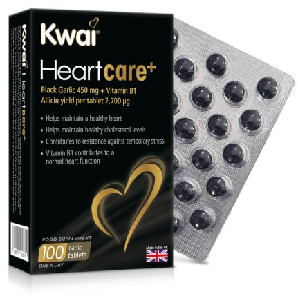 Kwai Heartcare+ Black Garlic 450mg Tablets with Vitamin B1 100 Tabs Support | Black garlic supplement with vitamin B1 to support normal heart function,antioxidant protection and daily support