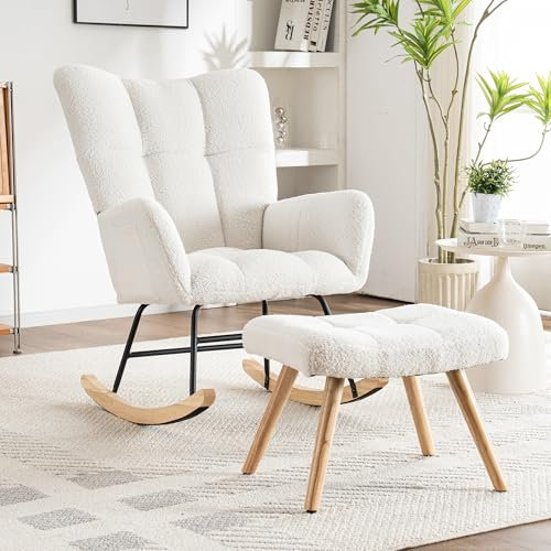 Merax Schaukelstuhl mit Hocker, Sessel Relaxsessel Schaukelsessel mit Hoher Rückenlehne & Armlehne, Gepolsterter Wohnzimmersessel Schwingsessel, für Schlafzimmer Balkon, Metallgestell, Teddy, Weiß