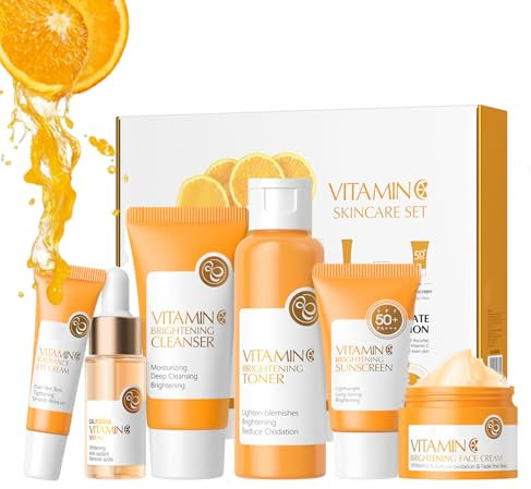 Anti-Aging Skincare Set für Mädchen und Frauen, Anti-Falten Geschenkset, Vitamin C Gesichtspflege Set, Komplette Routine Hautpflege Set - Cleanser Toner Augencreme Serum Creme Sunscreen