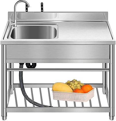 Lavello in acciaio inox autoportante con banco da lavoro Set di lavelli per ristoranti commerciali a una vasca con rubinetto e scarico, lavello di preparazione e di servizio con ripiani
