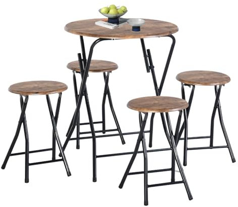 Klappbarer Esstisch mit 4 Klapphockern, Gartenmöbel-Set, stabiles Metallgestell, tragbar und leicht zu verstauen, platzsparend, rund, φ60, Braun und Schwarz