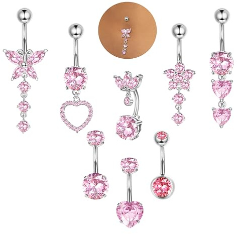 ORAZIO 8 Pcs Pendente Piercing Ombelico Acciaio Chirurgico Da Donna 10MM Anello Piercing Ombelico Argento Farfalla Cuore Zircone Rosa Piercing Ombelico Da Donna