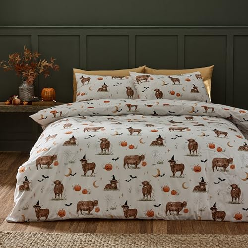 Catherine Lansfield Halloween Highland Cow Reversible King Duvet Cover Set with Pillowcases Natural