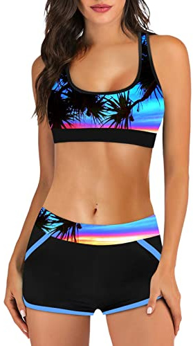 Genérico Traje de baño de Mujer de Dos Piezas Push Up Floral Halter Tankini Set con Shorts Bikini de Traje de baño Deportivo de Cintura Alta para el Mar Playa Piscina Fiesta Vacaciones 2025