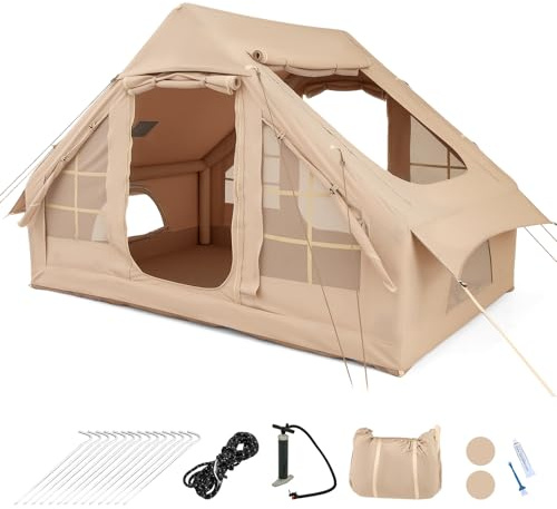 GOPLUS Tienda Inflable de Camping para 4-6 Personas, Tienda Grande con 4 Ventanas, 2 Puertas, Claraboya, Bomba, Abertura de Ventilación, Bolsa de Transporte y Estacas de Tierra, Montaje Rápido
