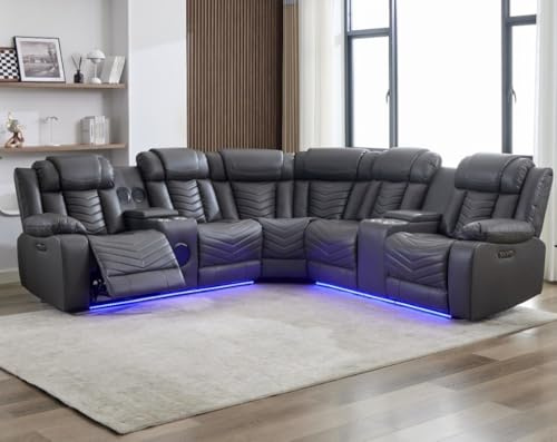 Zeus Leather Electric Recliners Corner Sofa With Cupholders - Bluetooth Speakers/LED Lights/USB Charging Ports/Storage (Grey)
