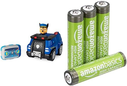 Paw Patrol Chase RC, Voiture Police, 3+ Ans, & Piles AAA Rechargeables Amazon Basics 4 pcs, 850mAh
