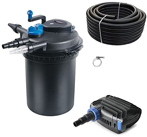 AquaOne Teichfilter Set mit Teichpumpe I Filteranlage CPF-10000 für einen Teich bis 12.000 Liter I Komplettset mit UV Lampe Eco Pumpe 20 Watt Teichschlauch Nr.21