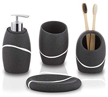 ZCCZ Black Bathroom Accessory Set 4 Pieces - Organiser With Toothbrush Holder, Lotion Soap Dispenser, Vanity Tray and Soap Dish - Modern Decor Accessories