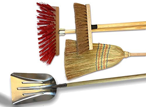 Ensemble de 3 balais d'extérieur + Pelle à neige ou grain | Cantonnier brosse PVC 32 cm | Fibres de coco naturel 29 cm | Paille de riz 35 cm | Pelle aluminium | Manches bois | Kibros 3LOTBPL