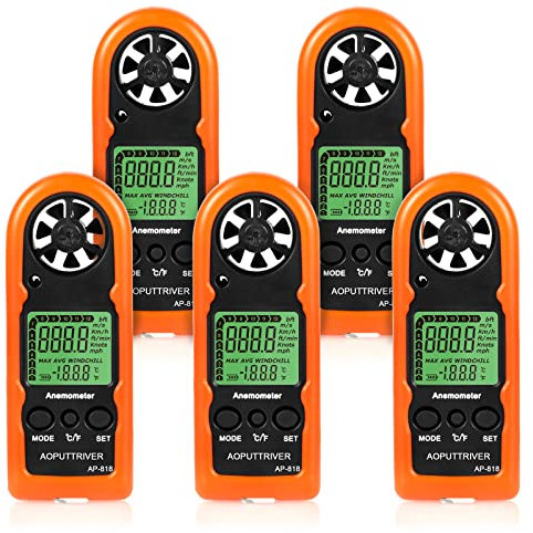 Anemometer Handheld, AP-816B Windmesser mit Schutzhülle zur Messung der Windgeschwindigkeit, Temperatur und Max/Durchschnitt/Strom, Mini-Anemometer für Windsurfen, Segeln, Outdoor-Aktivitäten-5 Stück