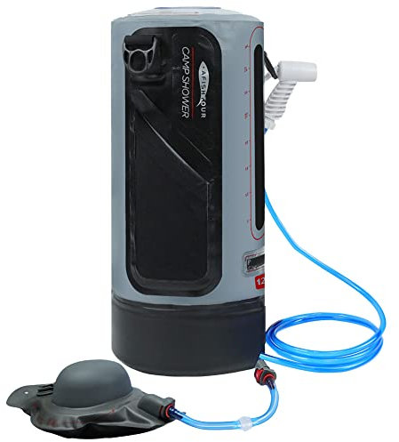 Solardusche Outdoor, 12L Druck-Campingdusche mit Pumpe, Tragbare Outdoor Warmwasser Dusche Solar Heizung Camping Dusche Tasche mit Duschkopf für Camping Strand Wandern Reisedusche, Gartendusche Grau