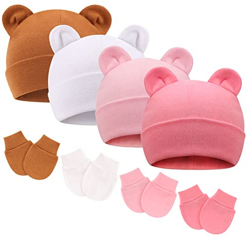 DRESHOW Bonnets de Naissance et Moufles de Protection Bébé Gants Bonnet Nouveau-né Bambin Doux Mignon Tricoté Chapeau 0-6 Mois, Taille Unique