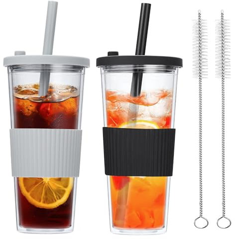 BYZESTY Bubble Tea - Lot de 2 gobelets à thé aux bulles - Réutilisables - Avec couvercle et paille - En plastique - Double paroi isolée - Transparent - 610 ml - Pour café, thé aux fruits