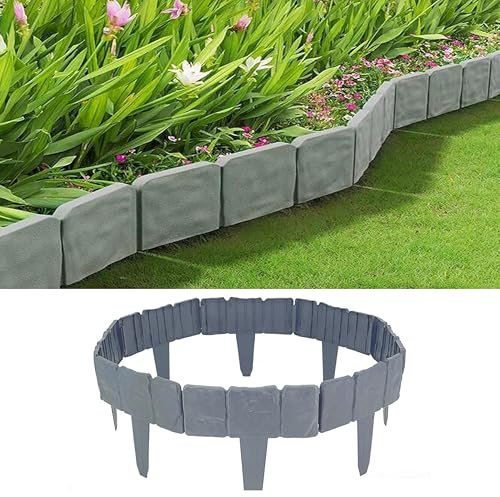 ADEPTNA 5M Grey Stone Effect Lawn Edging – 20-Piece Set, Cobblestone Garden Border, Weather-Resistant Plastic, Ideal for Flower Beds & Grass Edging