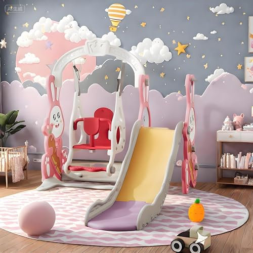 Toboggan Exterieur Enfant 4 en 1, Balançoire Bebe avec Cadre d'escalade, Panier de Basket, Toboggan, Aire de Jeux pour Enfants 3-6 Ans, Rose