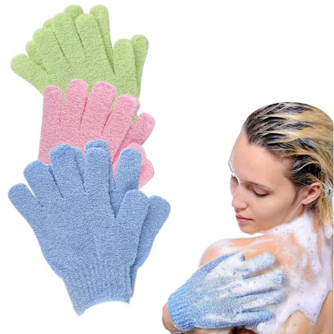 3 Paires Gant Exfoliant Corps, Gants Corporel Double Face pour le Corps et le Visage, Gloves Gommage Corps Doux Gloves, Gant de Toilette - Vert, Bleu, Rose
