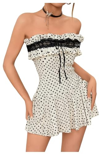 GORGLITTER Women's Polka Dots A Line Ruffle Mini Tube Dresses Strapless Flared Lace Frill Trim Coquette Dress White Medium