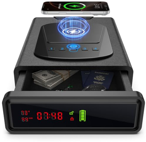 CVLIFE Biometric Gun Safe, Fingerprint Gun Safe with Watch & Phone Wireless Charging, 3-in-1 Alarm Clock Safe, Adjustable LED Light for Home Nightstand Bedside