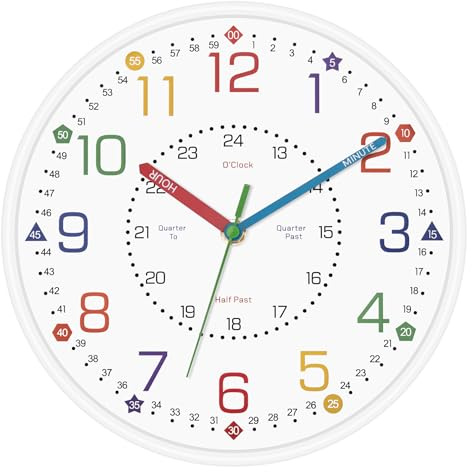 Foxtop Kids Learning Wall Clock Silent Battery Operated-White 10