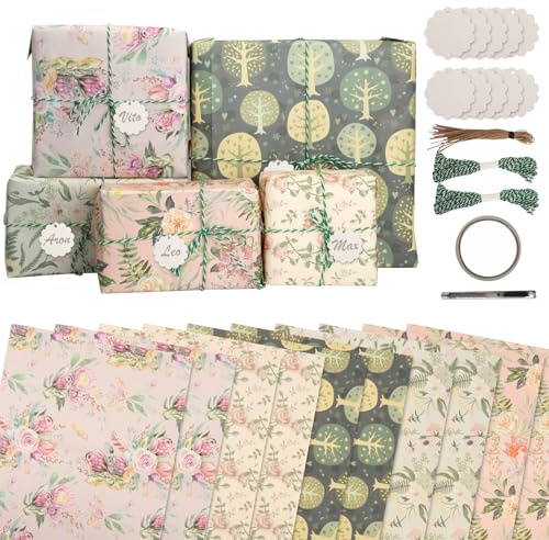 BZUEPRS 10 ark presentpapper, 70 × 50 cm vintage blommor presentpapper födelsedag, återvinningsbart presentpapper med presentetiketter, jutesnöre, boxcutter för jul bröllop fest