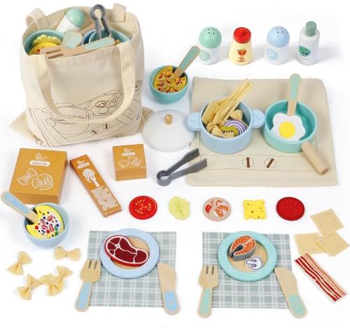 SIMPLIPLAY Spiel-Kochset aus Holz, Holz-Kochset, Montessori-Spielküchenzubehör, Spielzeug-Lebensmittelsets für Kinderküchen mit Spielzeug-Töpfen und -Pfannen, Spielzeuggeschirr, Einkaufstasche
