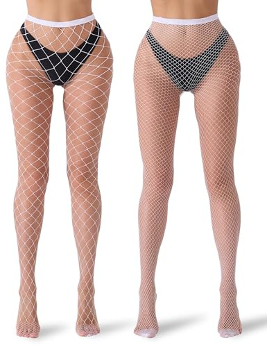 Collant a Rete Donna, 2 Paia Calze a Rete Bianche, Calze a Retes Vita Alta, Collant a Vita Alta per Carnevale, Feste in Costume, Halloween