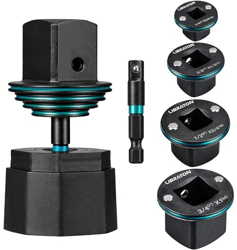 LIBRATON Set Adattatori Impatto Basso Profilo, 5 Pz Kit Riduttori Magnetici per Spazi Stretti (1/4 a 3/8 3/8 a 1/2 1/2 a 3/4 3/4 a 1, Adattatore Esagonale 1/4) per Chiave ad Impatto e Trapano