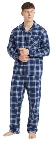 Men’s Traditional Brushed Cotton Pyjamas Set – Classic Check Button Down Pyjama Set for Men – Soft Warm Breathable Cotton Nightwear Lounge Sleepwear – Navy Wine Check & Blue Check – M L XL XXL