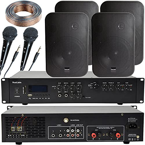 400W Stereo Bluetooth Karaoke/Public Address System | 2 Channel Mixer Amplifier Amp Kit | 4x 200W Black Wall Mounted Speakers | Loud Wireless Music | Bar Restaurant Assembly Hall Audio | Echo Alexa
