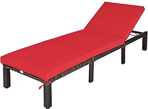 BETTARY Rattan Chaise Lounge Recliner, Outdoor Wicker Lounger Recliner Chair w/Adjustable Backrest, Heavy-Duty Patio Reclining Chair Sunbed with Thick Zippered Cushion for Garden/Yard/Porch (1, Red)