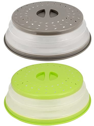 SEUNMUK 2 PCS 10.5 Inch Collapsible Microwave Splatter Cover, Silicone Microwave Food Cover with Steam Vents, Multi-Functional Plastic Fruit Basket Strainer, BPA-Free, Green and Gray