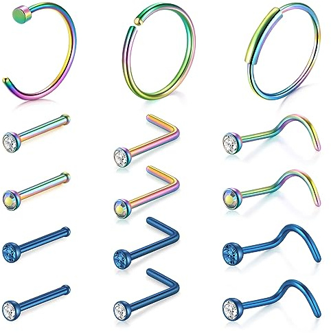Mayhoop 22G Anneau nasal à vis en acier chirurgical CZ 0.6mm Bijoux de Piercing Nostrilien Bleu coloré Cadeau Unisexe pour Femmes Hommes