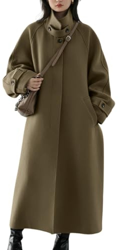 chouyatou Women's Winter Hidden Single Breasted Wool Coat Raglan Sleeve Business Long Wool Overcoat (Small, Dark Khaki)