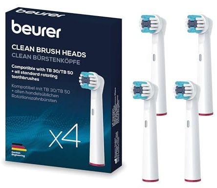 Beurer TB 30/50 Aufsteckbürsten für elektrische Zahnbürste, Oral-B kompatible Bürstenköpfe, Clean, 4 Stück, weiße Ersatzbürsten