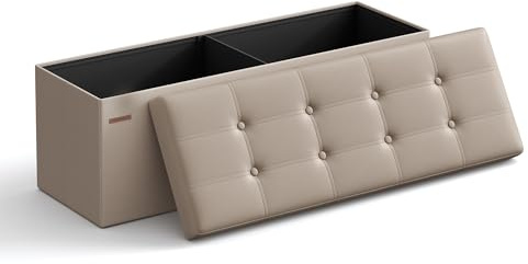SONGMICS Puff Almacenaje, Baúl de Almacenaje Plegable, 38 x 110 x 38 cm, Taburete Reposapiés, Banco de Cubo, Soporta hasta 300 kg, para Sala de Estar, Dormitorio, Entrada, Marrón Camello LSF070K03