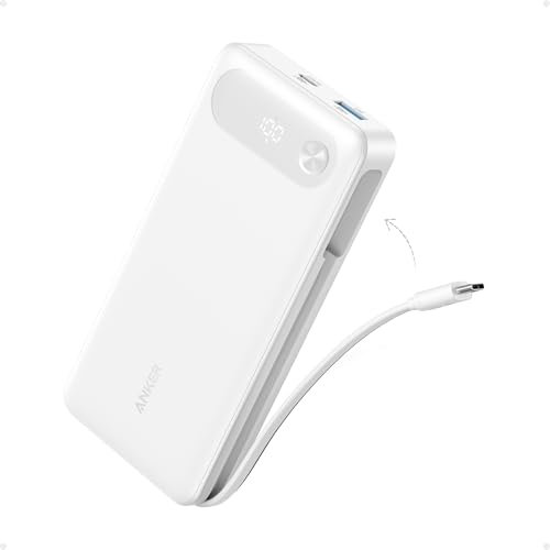 Anker Powerbank, 20.000mAh tragbares Ladegerät mit integriertem USB-C-Kabel, 87W Max Schnelllade-Akku, 2 USB-C und 1 USB-A, für MacBook, iPhone 15/14 Serie, Samsung, Switch, und mehr (weiß)