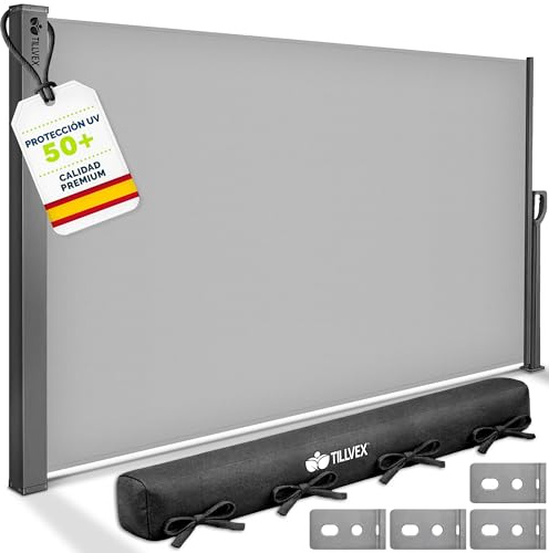 tillvex® Tenda laterale estensibile e oscurante 200 x 400 cm con copertura per balcone, giardino e terrazzo | Tenda a rullo con supporto a parete | Protezione dal sole, in acciaio inox, antivento